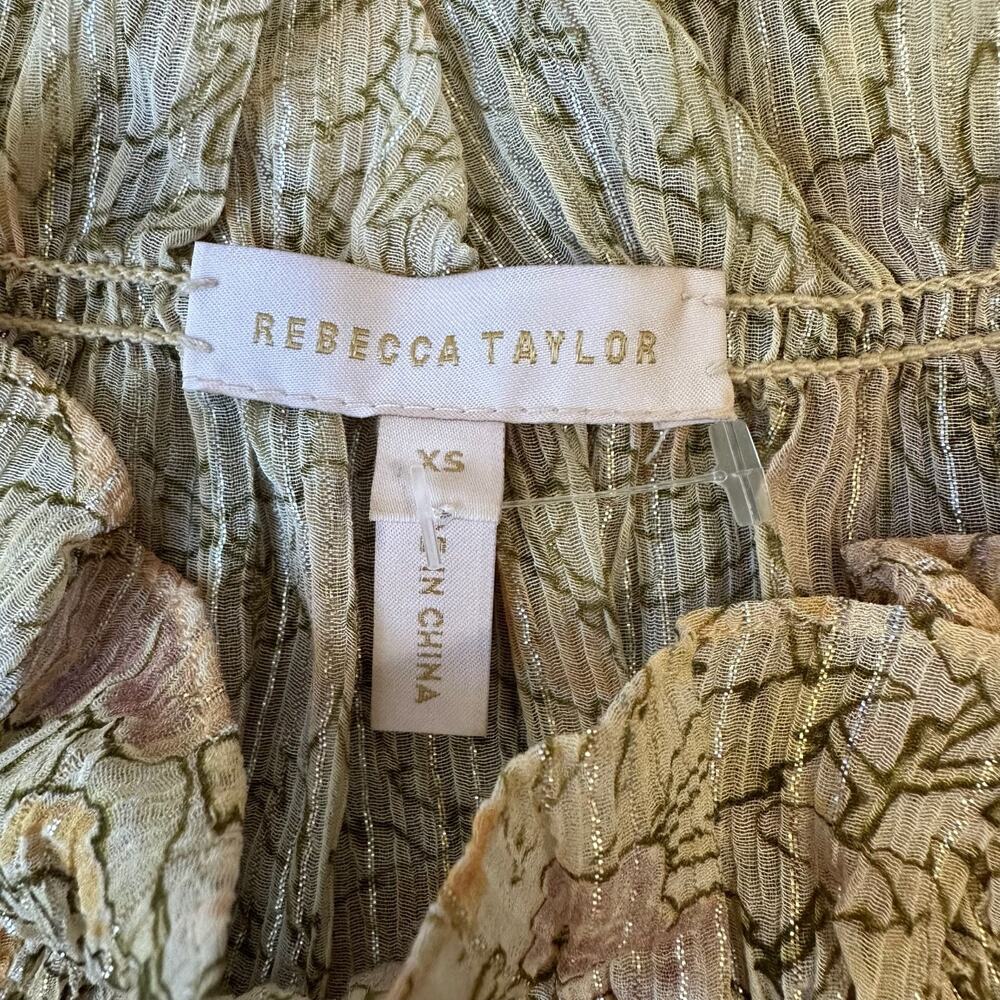 REBECCA TAYLOR Dress Cream Floral Silk Ruffled Smocked Metallic Party - Picture 8 of 12